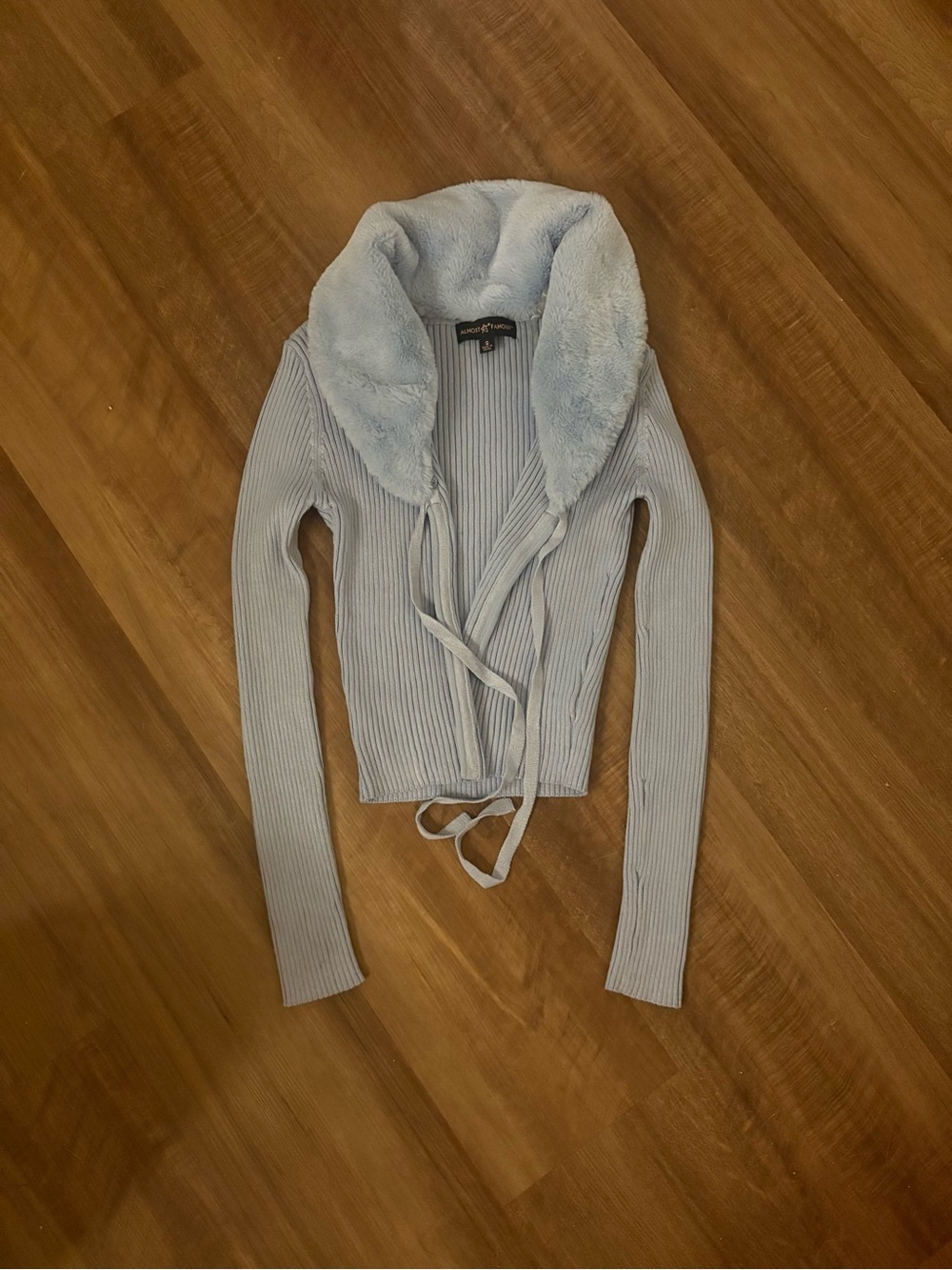Light Blue Faux-Fur Collar Ribbed Sweater